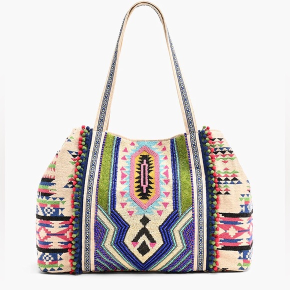 NWT America & Beyond Large Tribal Beaded Southwest Weekender Tote - Picture 1 of 6